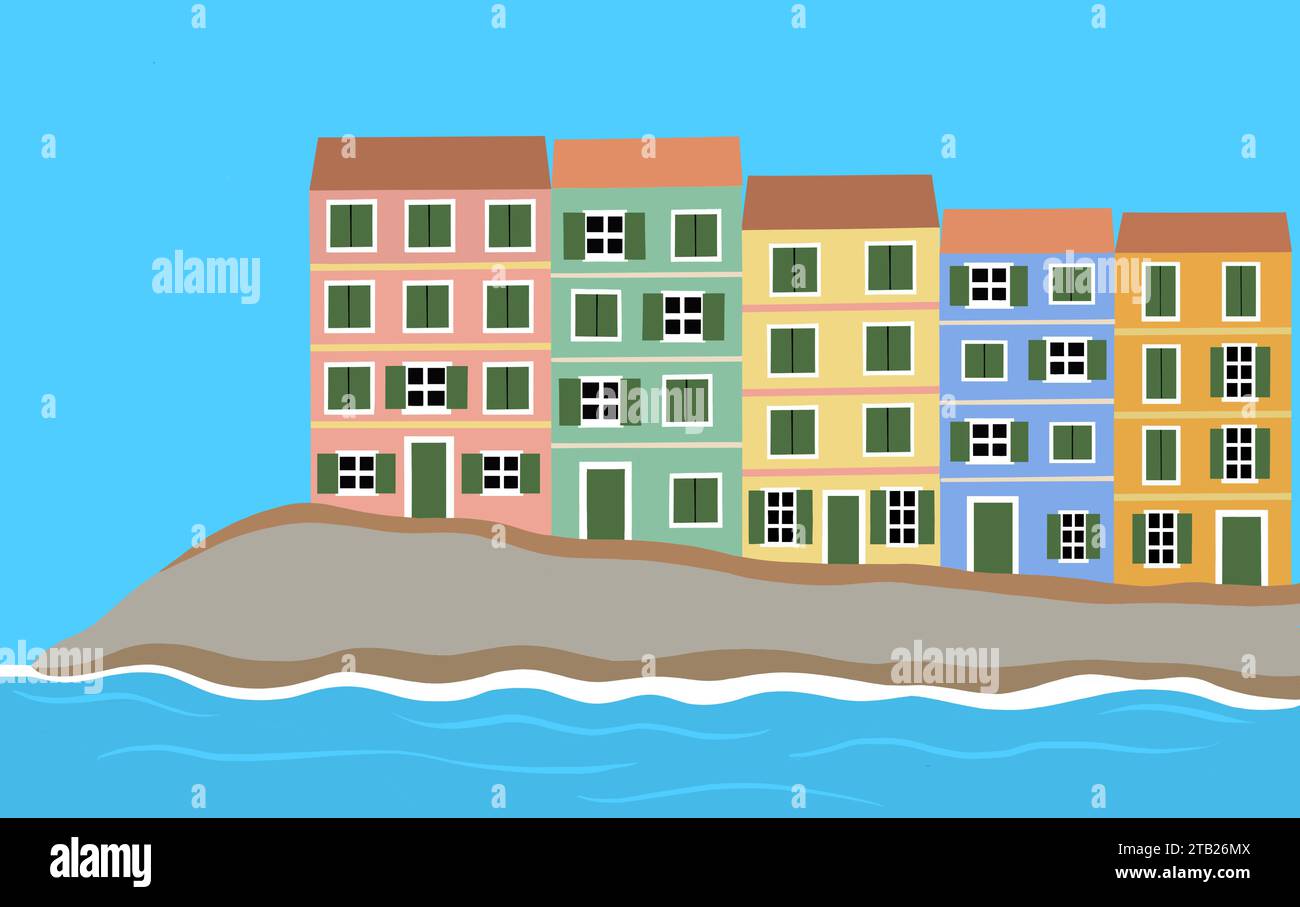 Terrasse de bâtiments colorés en bord de mer avec bateaux de pêche. La conception du port contient également des falaises, une mer turquoise et un ciel bleu vif. Banque D'Images