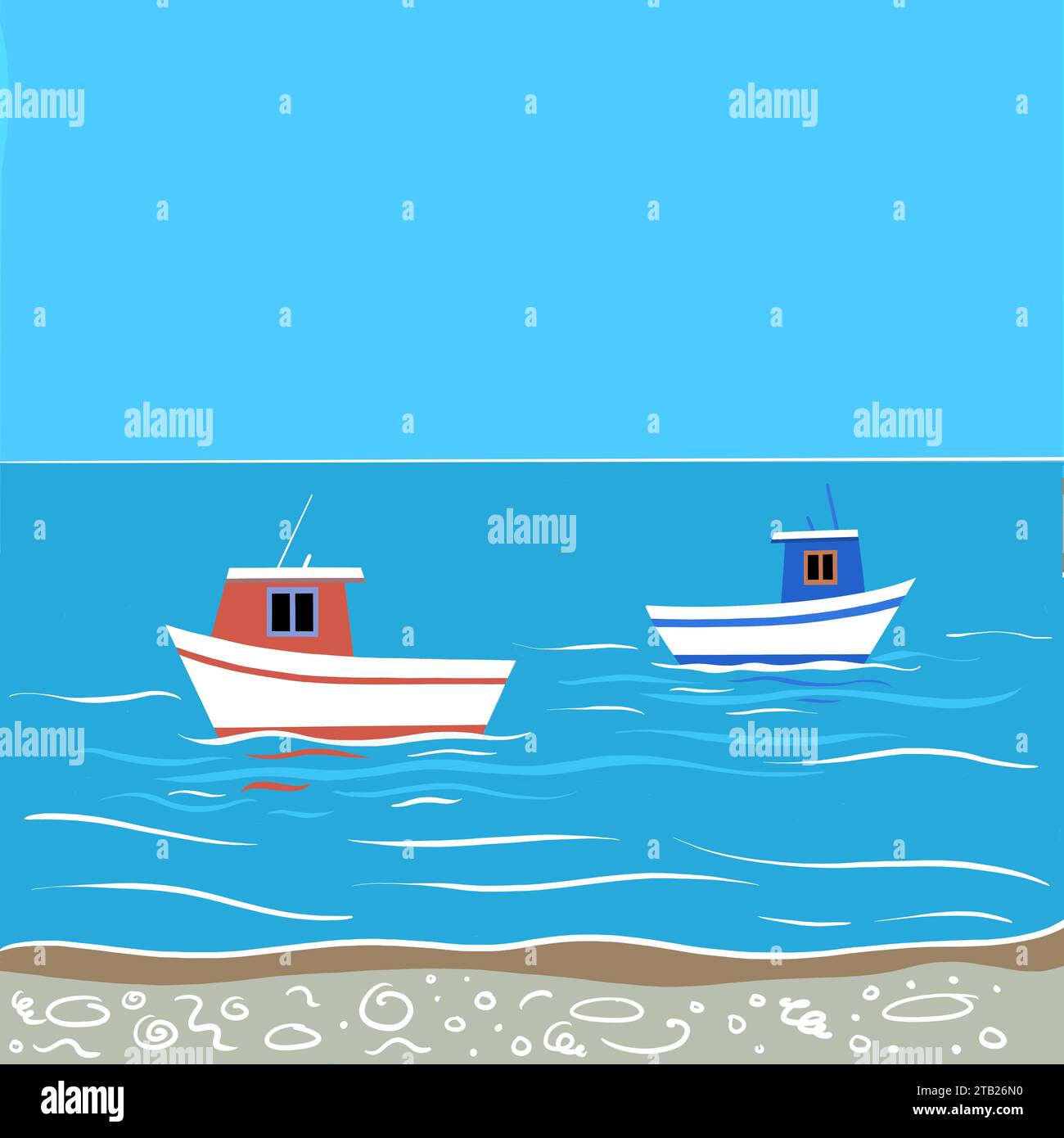 Illustration de bateaux de pêche au bord de la mer. Les bateaux sont de couleur vive. Les bateaux de pêche sont sur une mer calme avec de douces ondulations et vagues. Banque D'Images