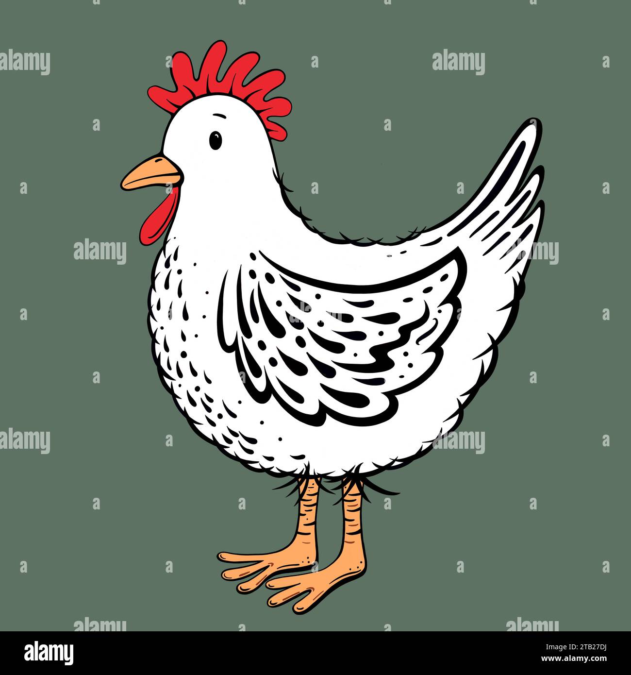 Illlustration de poulet de style dessin animé blanc. Mignon motif de poule rustique sur un fond Uni. Poulet élégant. Banque D'Images