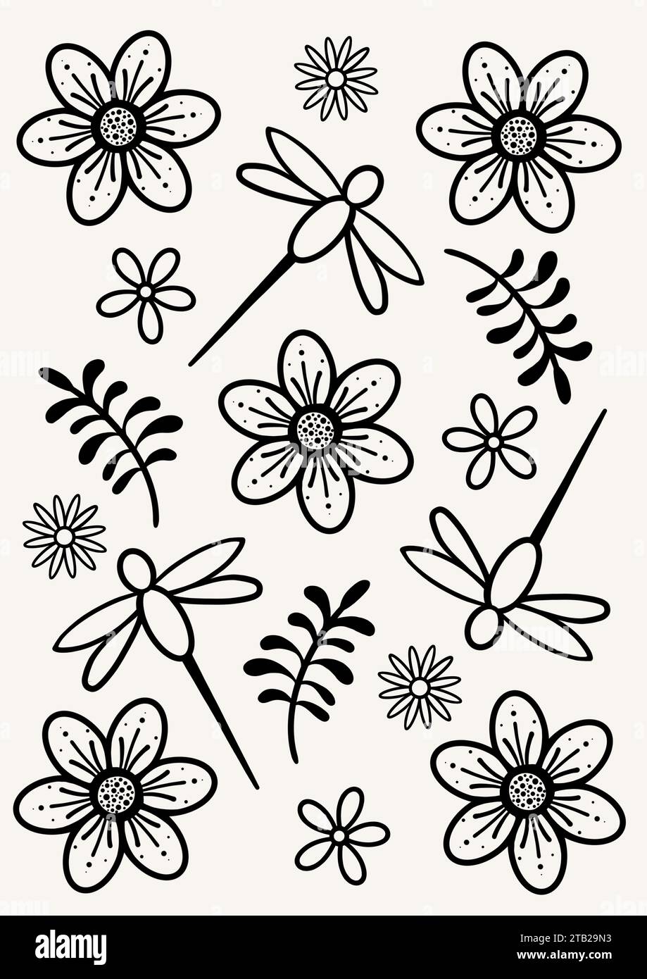 Motif floral avec libellule. Libellules avec des fleurs et des feuilles. Motif partout avec des motifs de fleurs, de feuilles et de libellules. Banque D'Images