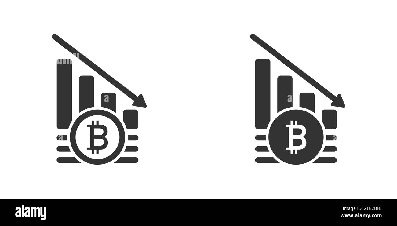 Icône graphique de crash Bitcoin. Collapce du marché crypto. Crise monétaire. Icône de graphique Bitcoin vers le bas Illustration de Vecteur
