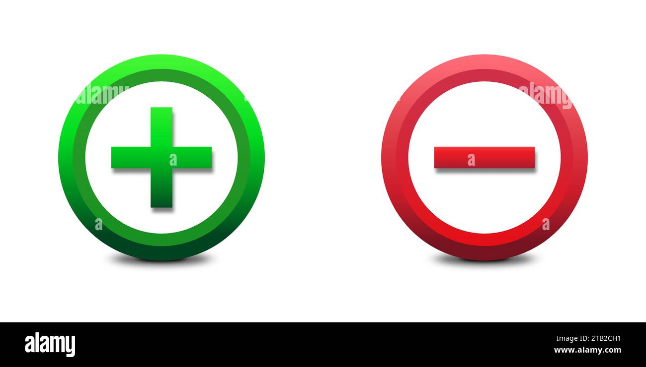 Icônes de signe plus et moins. Symbole vert plus et rouge moins. Illustration vectorielle plate Illustration de Vecteur