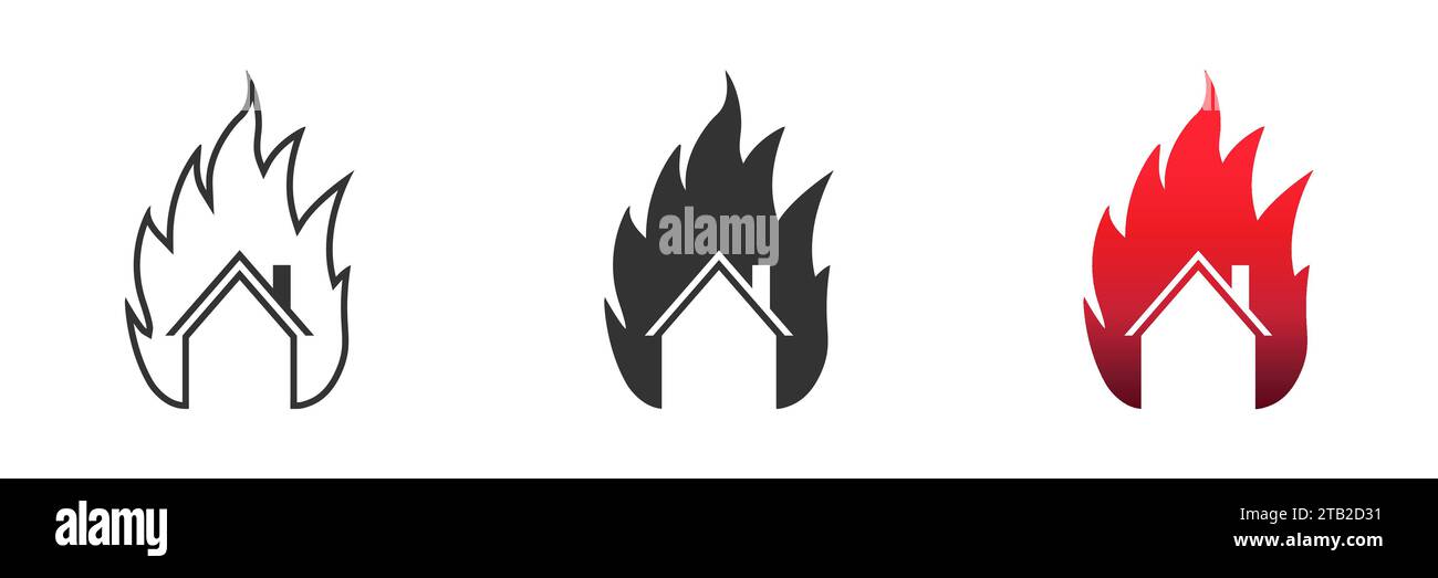 Icône Maison en feu. Bâtiment de maison en flammes. Symbole d'incendie domestique. Illustration vectorielle Illustration de Vecteur