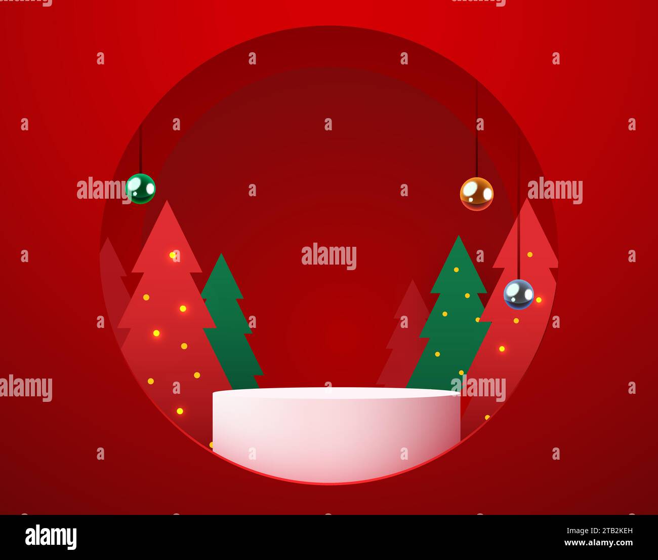 Fond rouge de Noël d'hiver avec podium rond et décorations de Noël. Illustration vectorielle Illustration de Vecteur