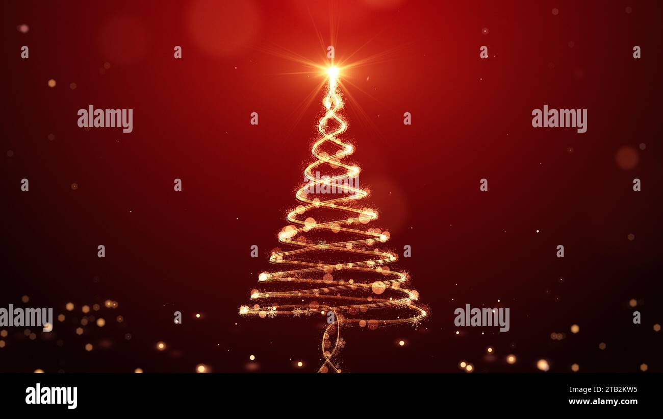 Animation d'arbre de Noël doré brillant avec des particules allume des étoiles et des flocons de neige sur le rouge. Concept de vacances et contexte Banque D'Images