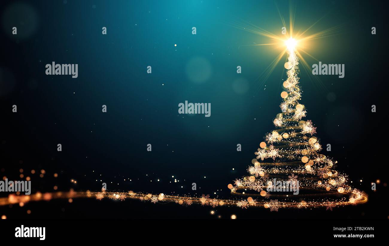 Animation d'arbre de Noël doré brillant avec des particules allume des étoiles et des flocons de neige sur le vert. Concept de vacances et contexte Banque D'Images