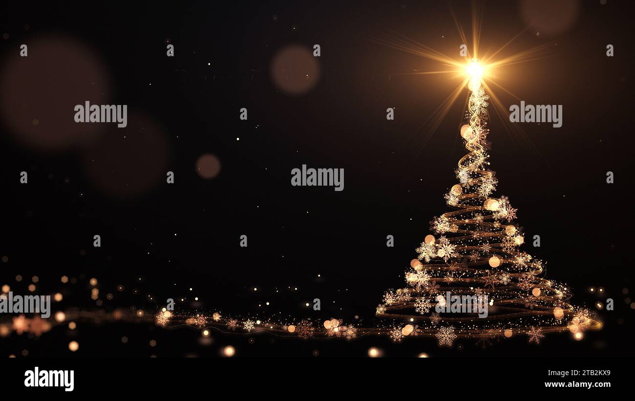 Sapin de Noël doré brillant avec des particules allume des étoiles et des flocons de neige sur noir. Concept de vacances et contexte Banque D'Images