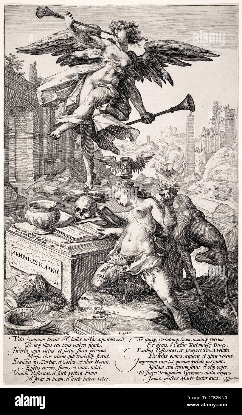 Hendrick Goltzius, l'allégorie de la renommée et de l'histoire, gravure, 1586 Banque D'Images