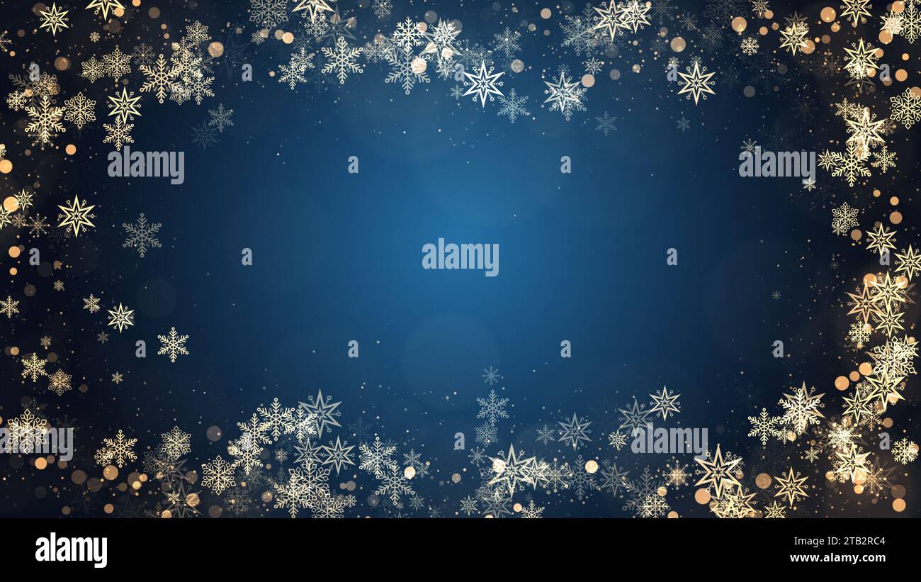 Cadre de flocons de neige de Noël avec des lumières et des particules sur fond bleu. Hiver, Noël, nouvel an, concept de cadre de vacances. Banque D'Images
