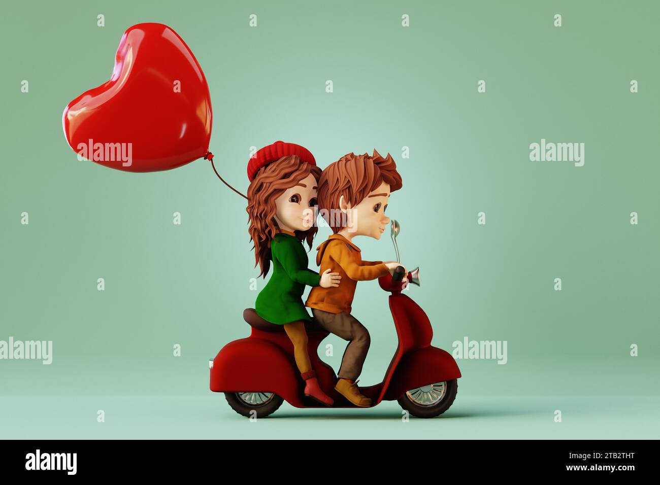 Dessin animé garçon et fille scooter d'équitation ensemble. Concept de Saint Valentin. rendu 3d. Banque D'Images