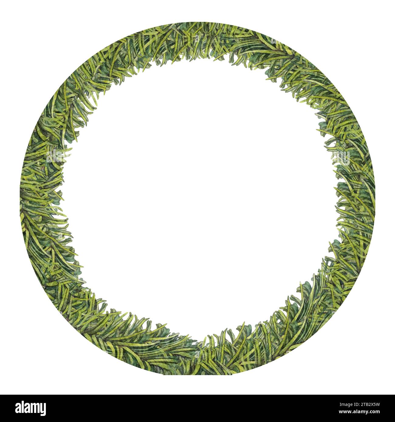 Couronne de Noël aquarelle, cadre rond vert de branches de sapin de Noël pour invitations, cartes, autocollants, étiquettes, affiches, cadres et bannières, hiver Banque D'Images