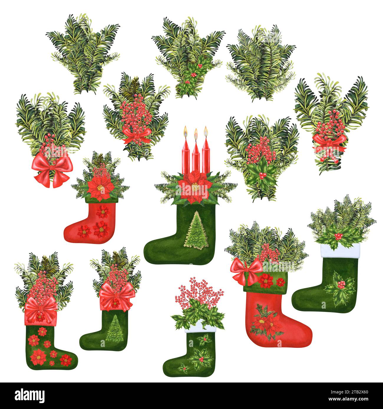 Aquarelle Noël bas rouges et verts pour cadeaux avec design hivernal de poinsettia rouge, houx et branche d'épicéa pour invitations, cartes postales, poste Banque D'Images