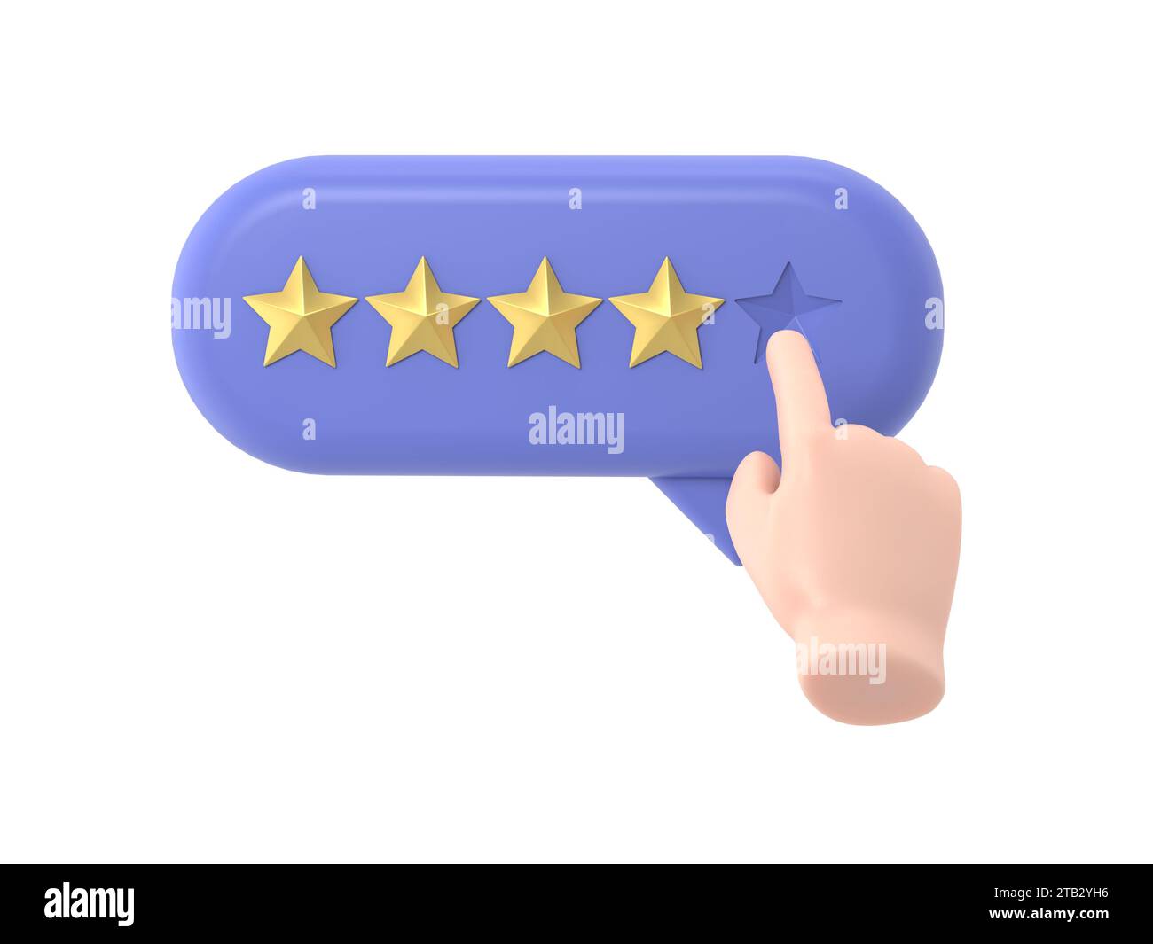 Main de l'utilisateur pointant sur le formulaire de sondage et choisissant l'étoile jaune. Avis client positif cinq étoiles. Feedback en ligne, rendu 3D sur fond blanc. Banque D'Images