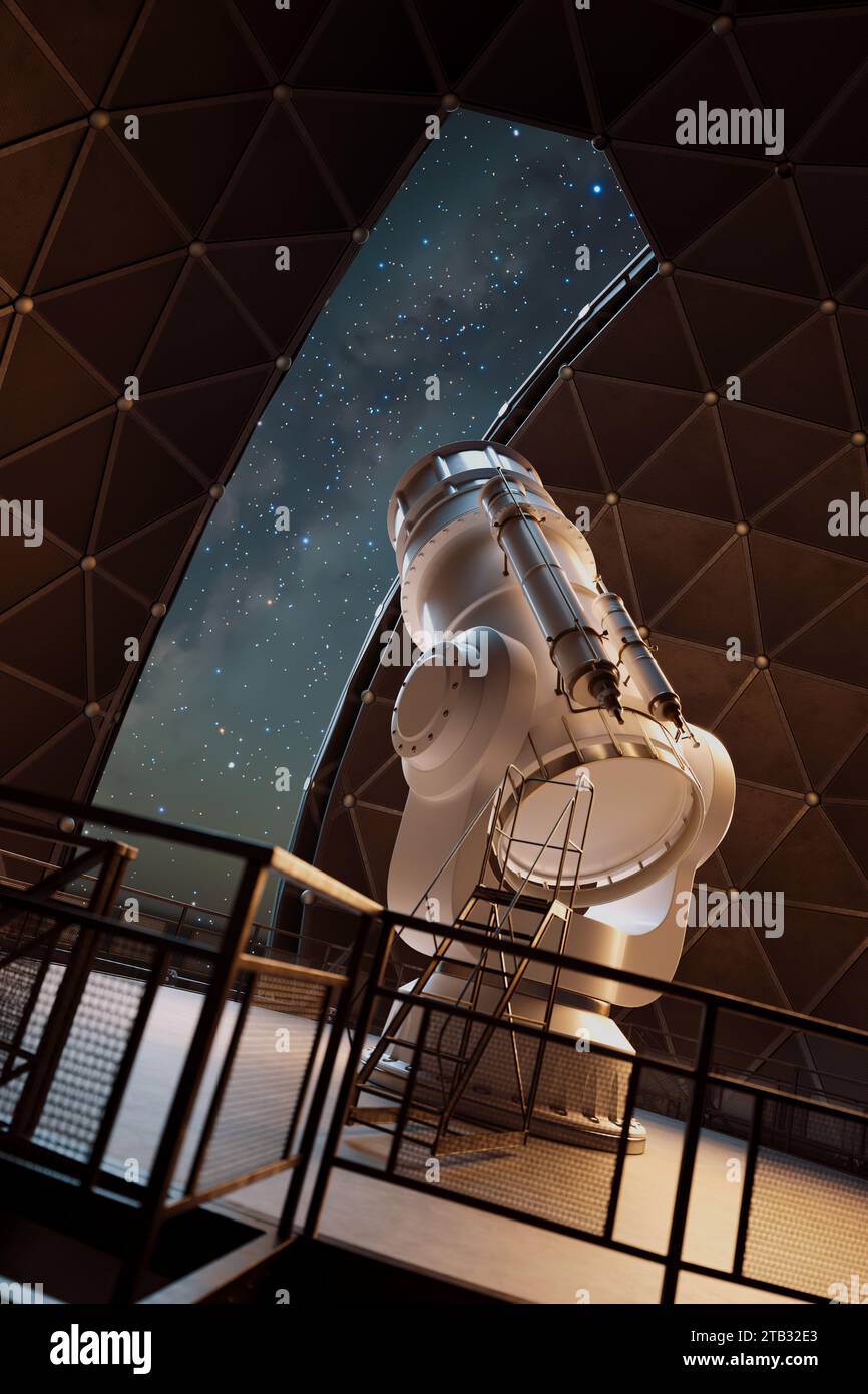 Télescope d'observation avancé visant un ciel étoilé de nuit cristallin Banque D'Images