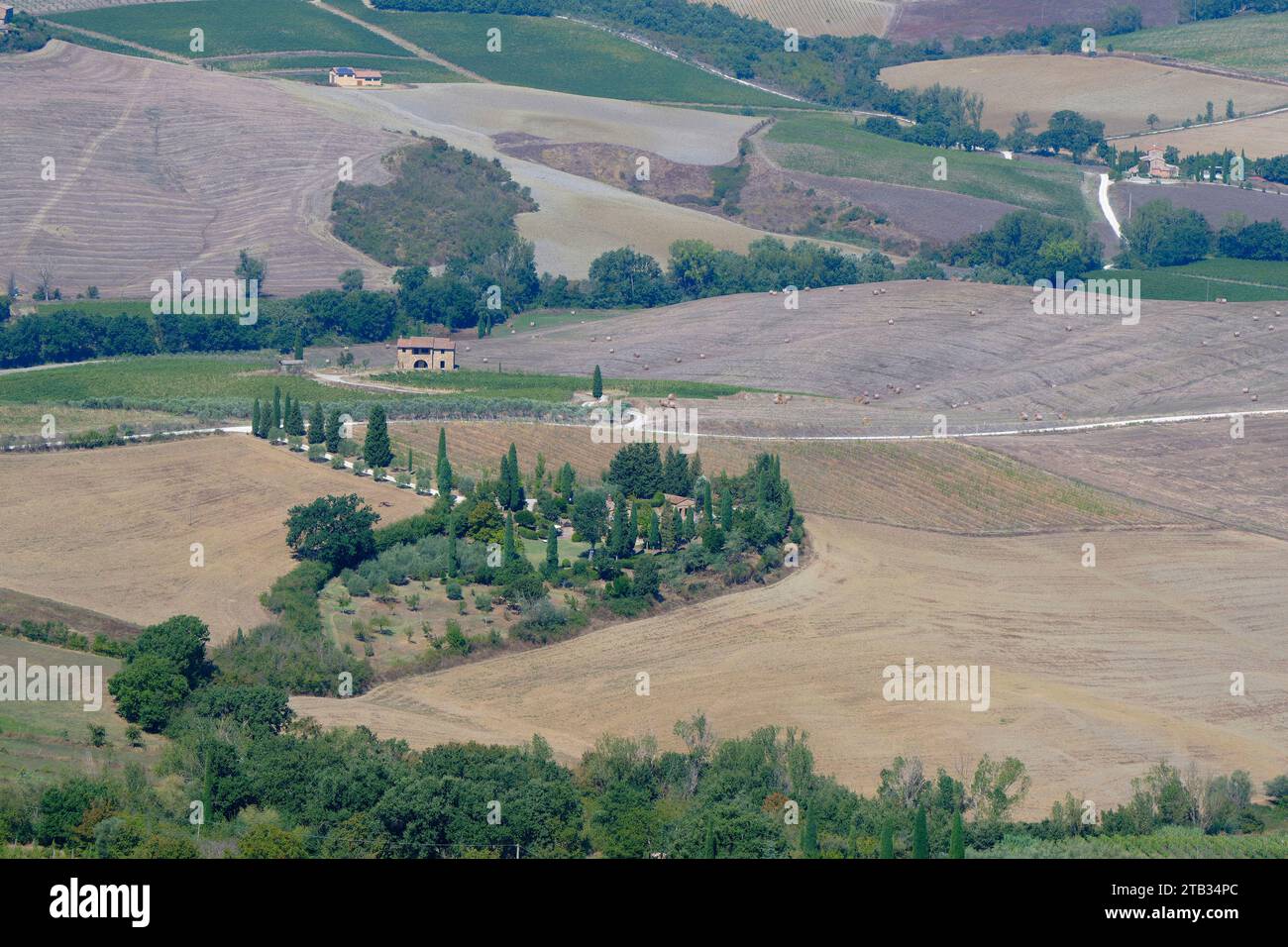 Un paysage idyllique grande vue sur Montepulciano campagne, comme vu de la haut, baigné dans la lumière de soleil d'automne - Italie Banque D'Images