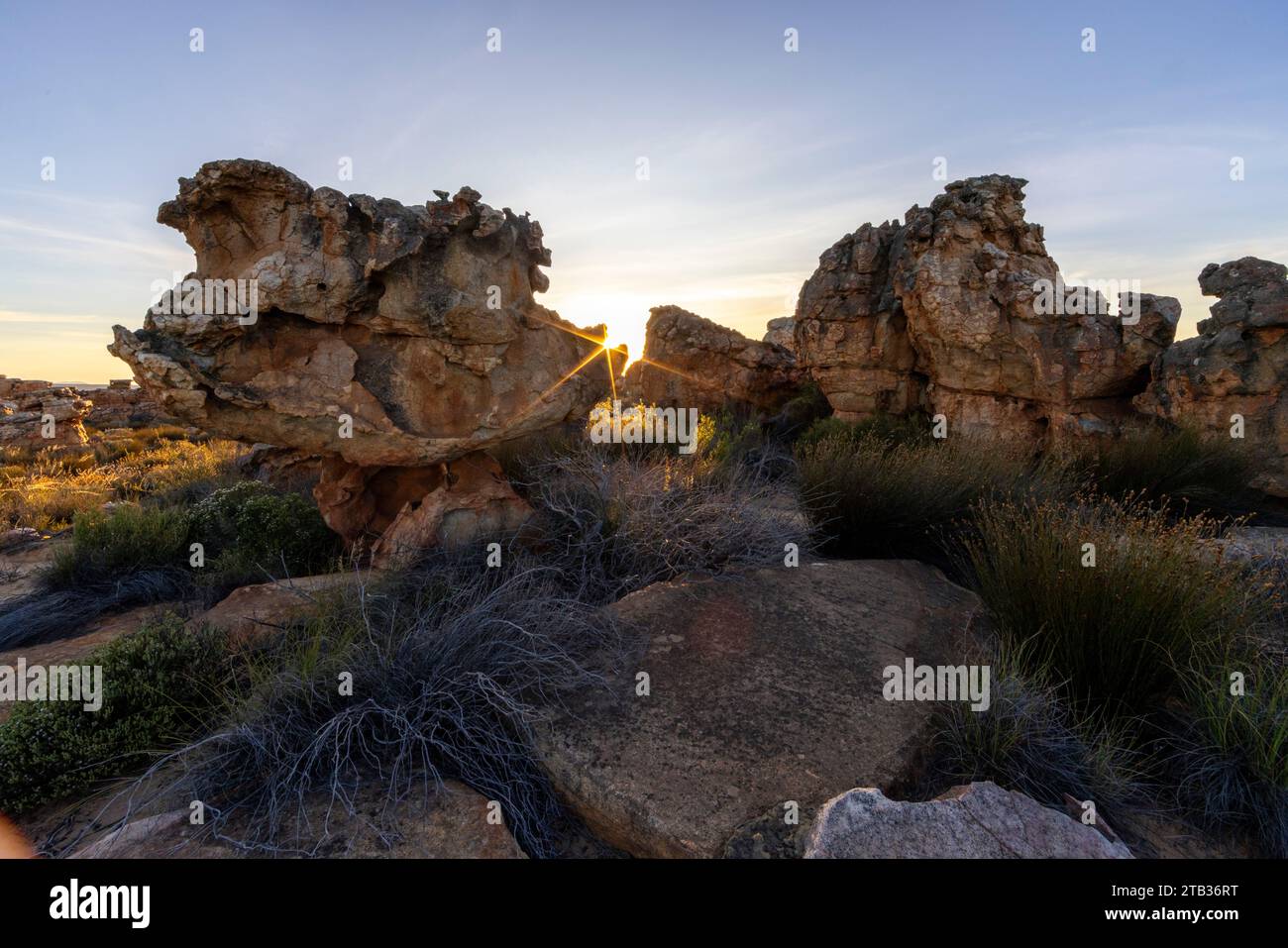 Paysage pittoresque de l'après-midi avec des formations rocheuses de grès dans les montagnes du sud du Cederberg près de la réserve naturelle de Kagga Kamma Banque D'Images