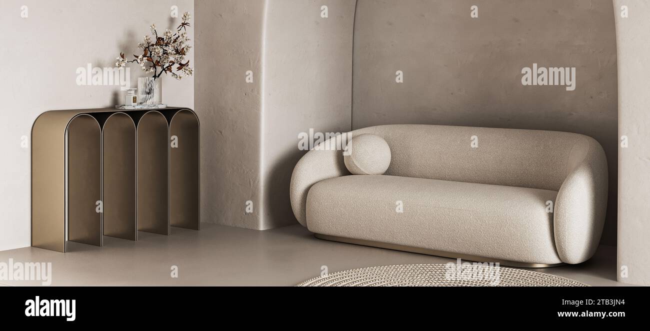 Minimalisme sculptural. Un canapé élégant et une table console voûtée dans un espace de vie chic 3d rendu avec des murs texturés et des accents de décoration élégants Banque D'Images