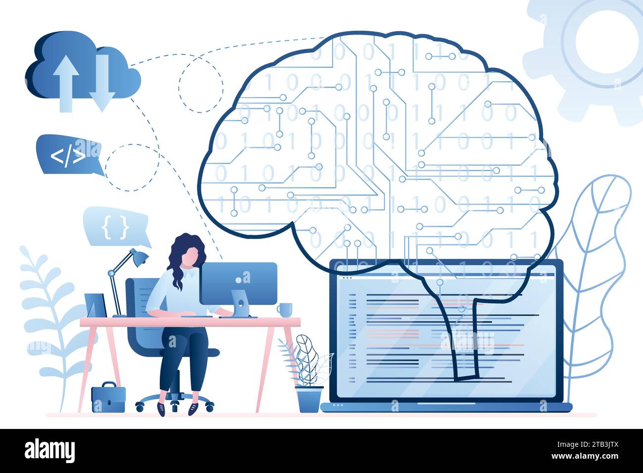 Cerveau avec circuit numérique et programmeuse féminine sur le lieu de travail. Écran d'ordinateur portable avec lignes de code machine. Apprentissage automatique, intelligence artificielle. D Illustration de Vecteur