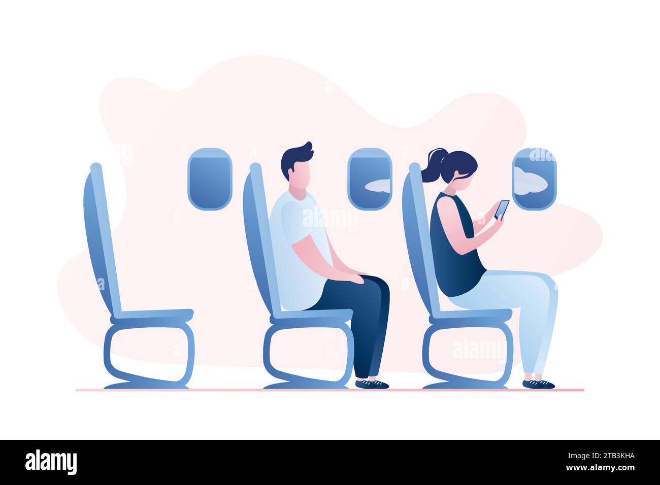 Jeune homme et femme assis dans l'avion. Modèle de page Web passagers en cabine d'avion. Contexte conceptuel du service de transport aérien. Voyageurs cha Illustration de Vecteur