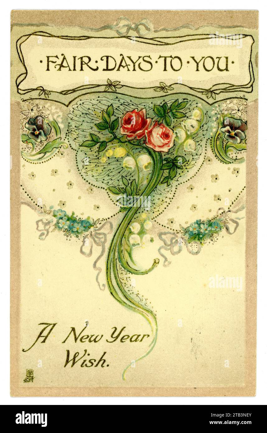 Le texte original de la carte de voeux du nouvel an de charme des années 1920 sur le thème floral est « Fair Days to You » - par la série du nouvel an Raphael Tuck, postée de Londres, décembre 1922. Banque D'Images