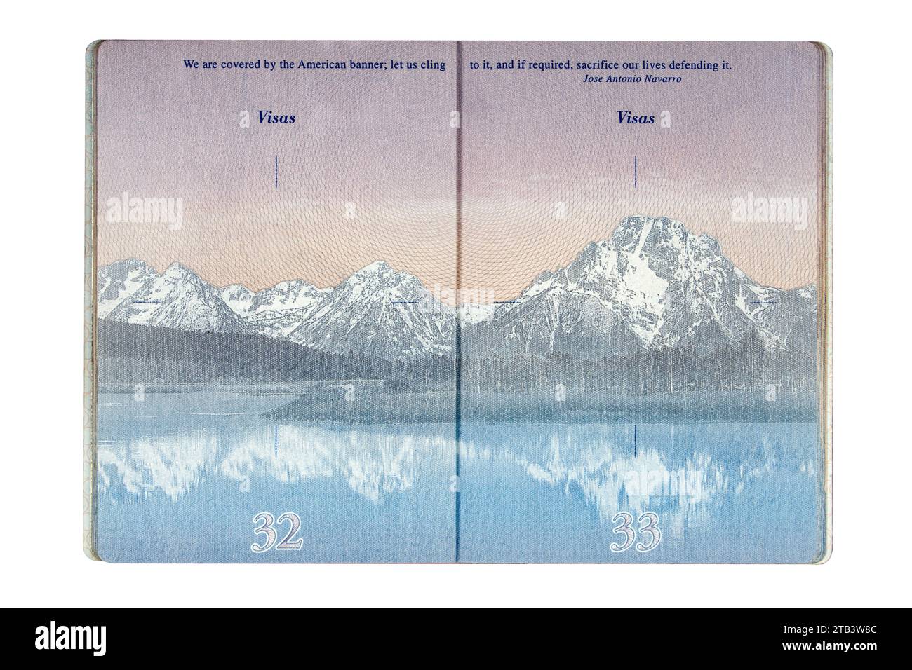 Manille, Philippines, 4 décembre 2023 pages 32 et 33 du nouveau passeport américain sans timbres de visa isolés sur fond blanc Banque D'Images