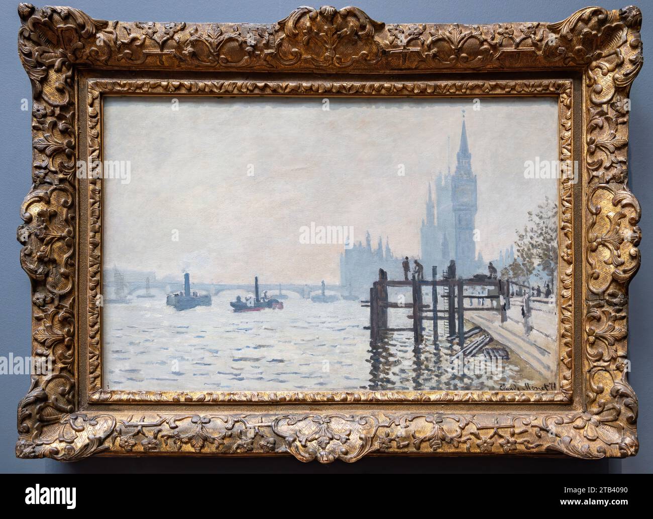Londres, Royaume-Uni - 19 mai 2023 : la Tamise au-dessous de Westminster par l'impressionniste français Claude Monet, exposé à la National Gallery de Londres Banque D'Images