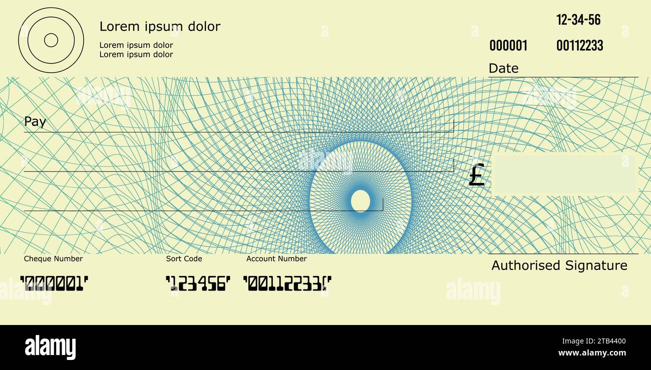 UK Blank Cheque avec signe de livre et UK Spelling, modèle de chèque avec motif guilloché, chèque bancaire Illustration de Vecteur