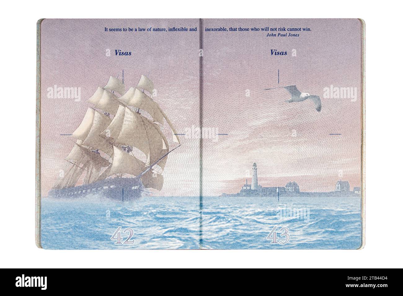 Manille, Philippines, 4 décembre 2023 pages 42 et 43 du nouveau passeport américain sans timbres de visa isolés sur fond blanc Banque D'Images
