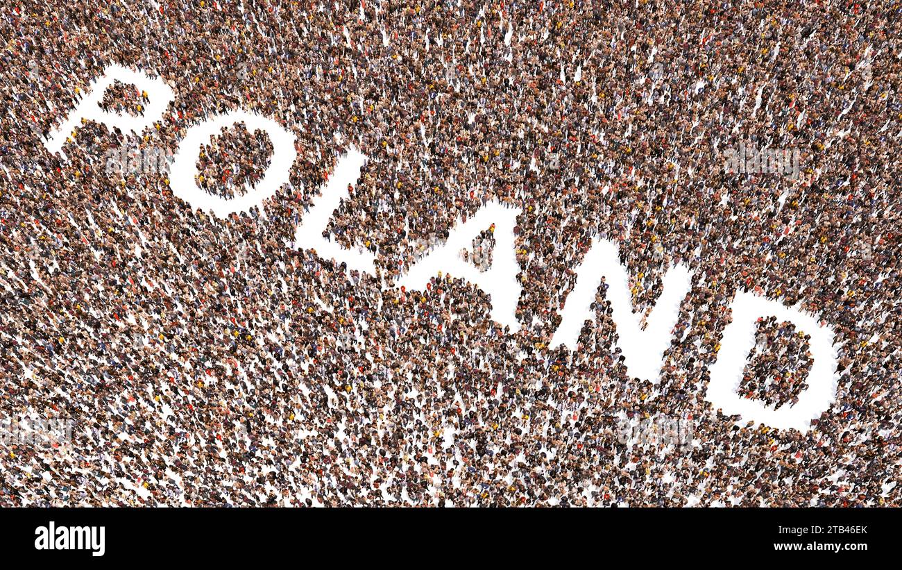 Concept conceptuel Grande communauté de personnes formant le mot POLOGNE. illustration 3d métaphore pour la culture, l'histoire et l'éducation, la politique, l'économie Banque D'Images