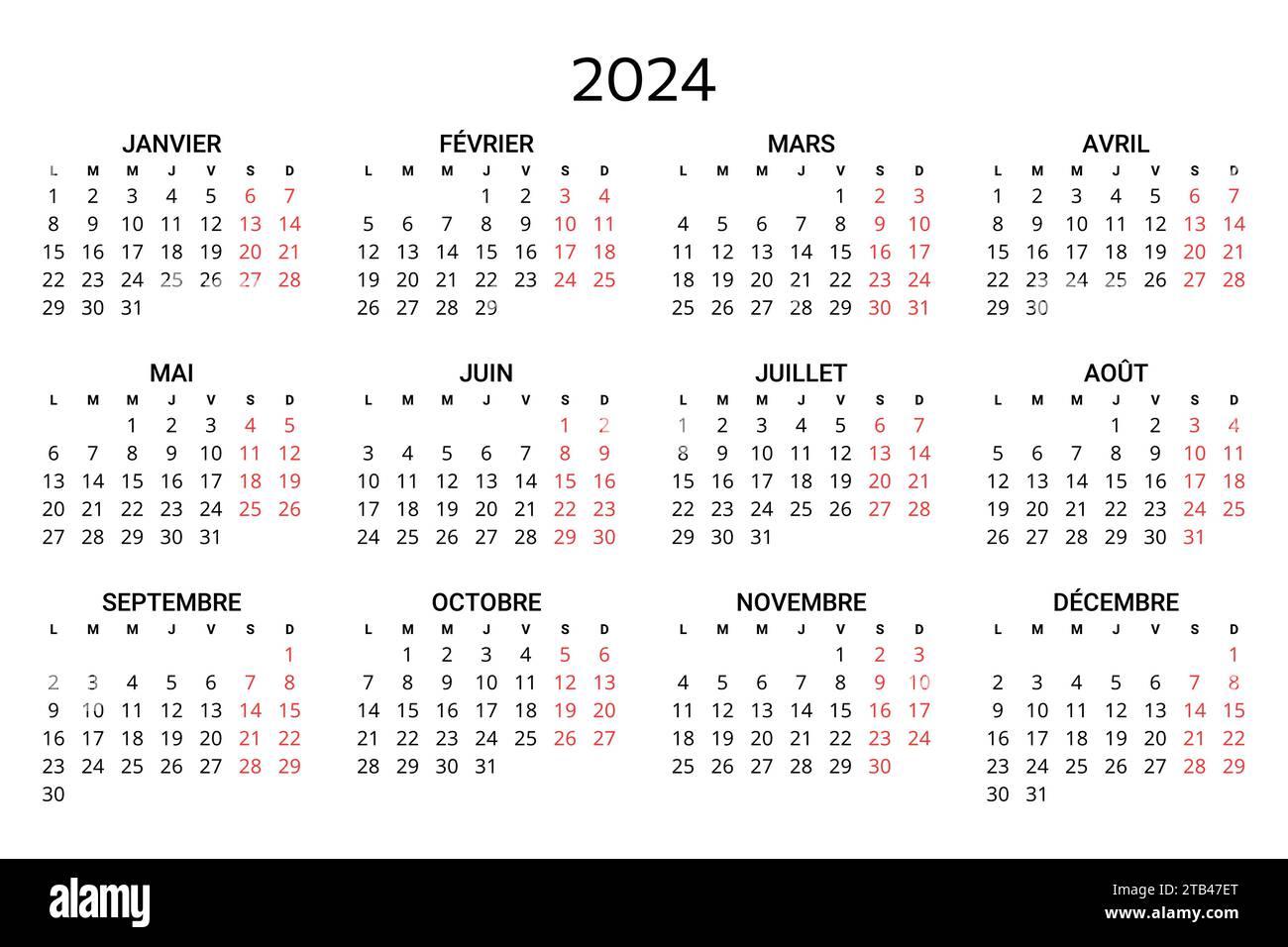 calendrier français 2024. Illustration vectorielle imprimable et ...