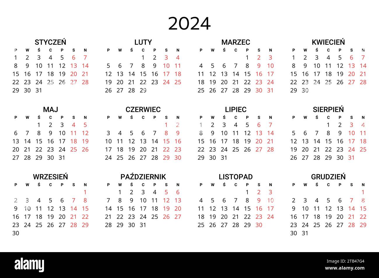 calendrier polonais 2024. Illustration vectorielle imprimable et éditable pour la Pologne. 12 mois année kalendarz. Paysage Illustration de Vecteur