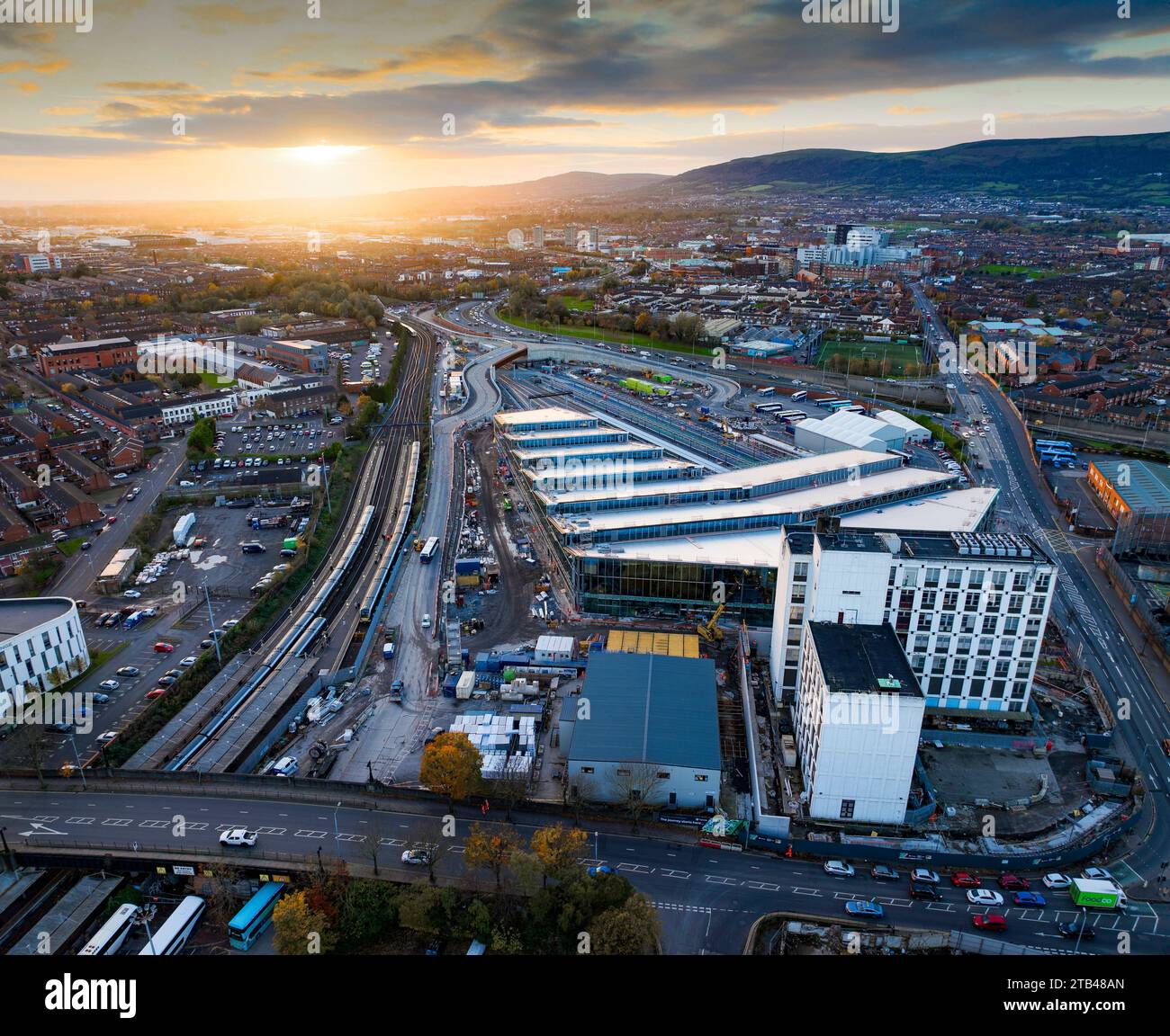 Photographie aérienne du nouveau hub de transport Translink à Belfast, Irlande du Nord Banque D'Images