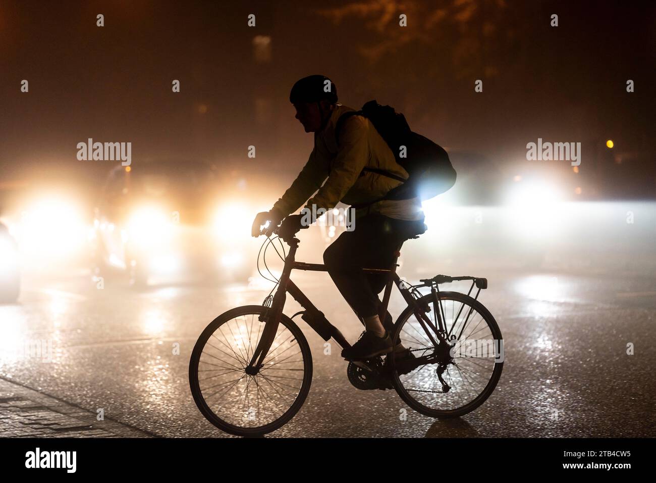 Cycliste, obscurité, circulation urbaine, brouillard, automne, hiver, circulation nocturne, NRW, Allemagne, Banque D'Images