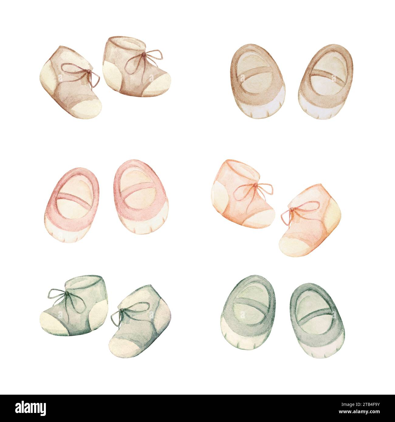 Chaussures bébé clip Art. Éléments décoratifs pour carte de nouveau-né. Chaussons de douche de bébé Clipart Gender Neutral. Aquarelle Baby Birth Announcement Illustration Banque D'Images