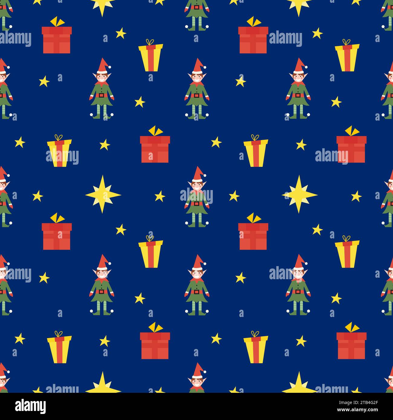 Motif sans couture de Noël avec mignon petit elfe, étoiles et cadeaux, avec couleur de fond variable. Illustration vectorielle plate pour l'impression et la conception Illustration de Vecteur