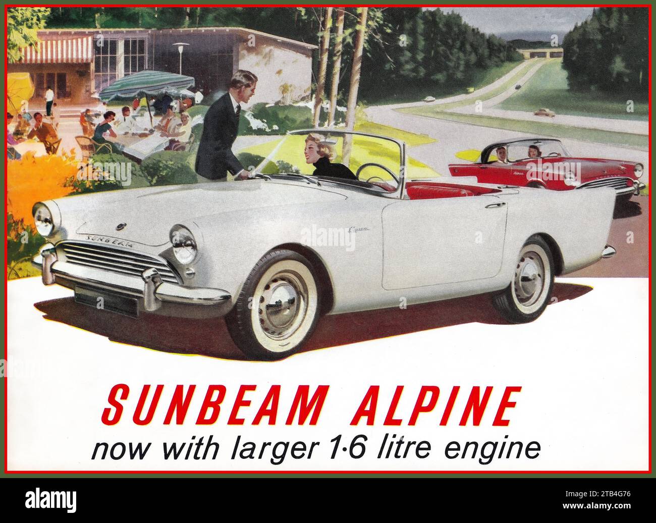 Sunbeam Alpine 2 portes voiture de sport coupé 1963 Vintage British Made fabriqué voiture publicitaire Royaume-Uni 'SUNBEAM ALPINE maintenant avec un plus grand moteur de 1,6 litres.' Banque D'Images
