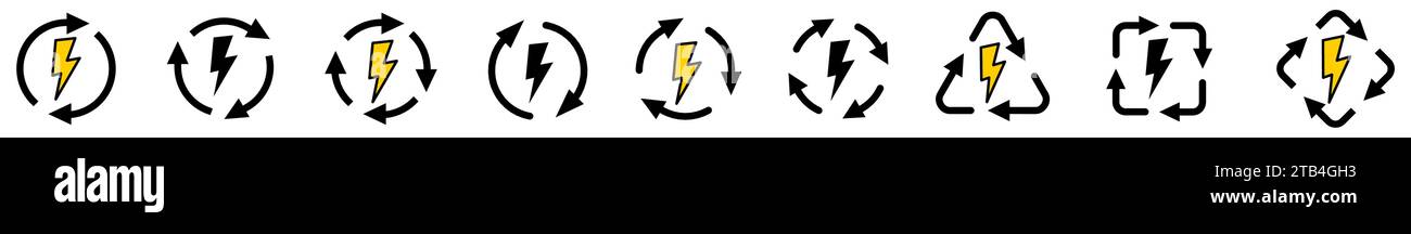 Icône clignotante dans les flèches formant le cycle, deux versions trois et quatre flèches. Concept de puissance de recharge Illustration de Vecteur