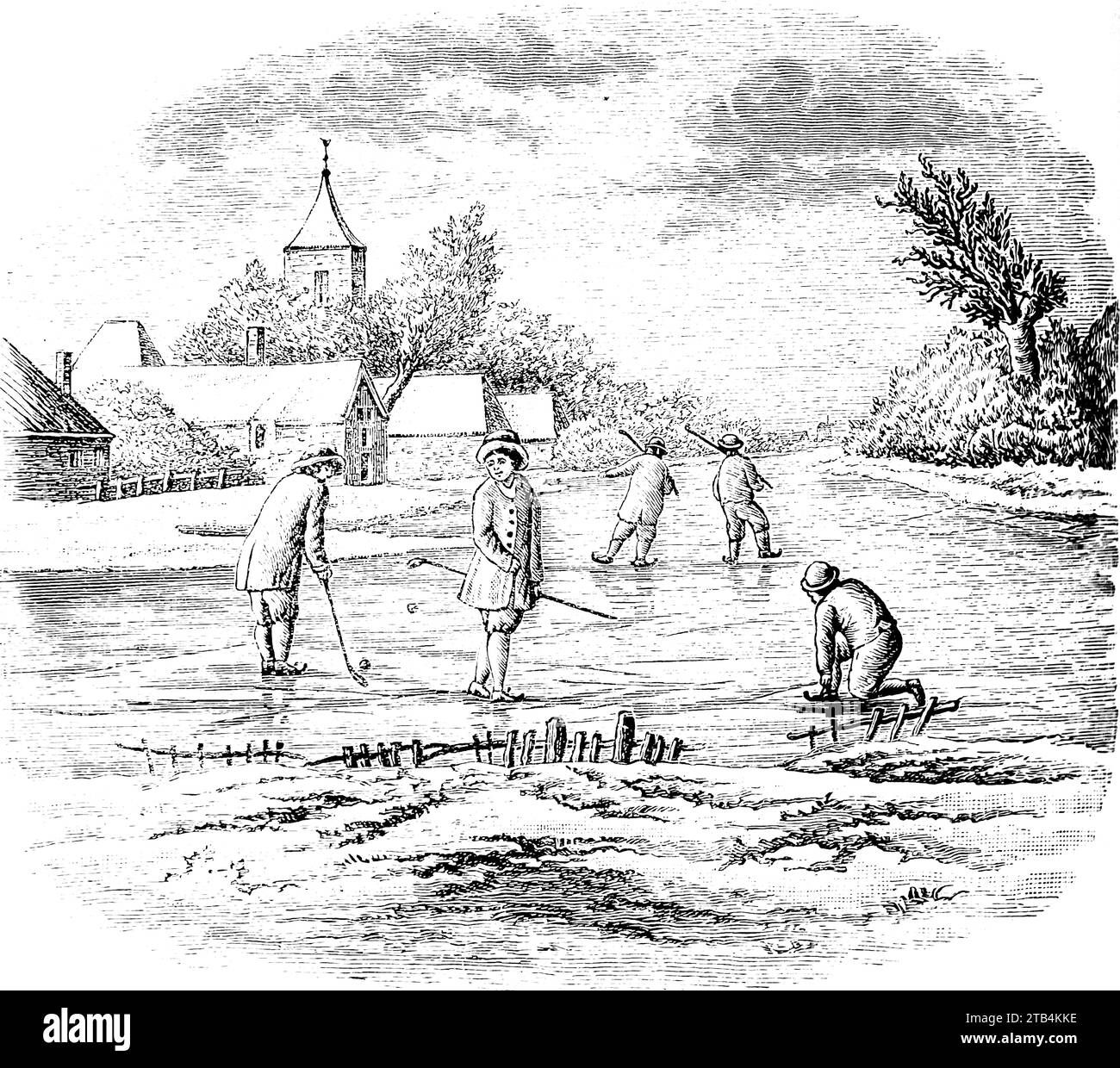 Golf joué sur glace, non attribué. D'après une illustration sur le golf, datant de 1889 à 1901. L'histoire du golf est longue. Bien que ses origines soient contestées, les historiens s’accordent généralement à dire que ce qu’on appelle le golf « moderne » a commencé au Moyen âge en Écosse. Ce n'est qu'entre le milieu et la fin du XIXe siècle que ce sport est devenu plus populaire en Grande-Bretagne, dans l'Empire britannique, puis aux États-Unis. Au fil des ans, la balle de golf humble et le club de golf ont beaucoup changé. Banque D'Images