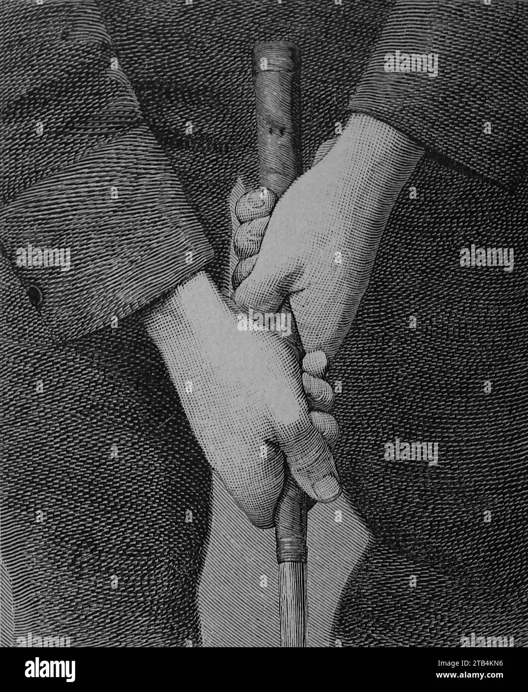 Position 1 : positionnement de la main sur le club pour le tir d'approche, à partir d'une illustration non attribuée. D'après une illustration sur le golf, datant de 1889 à 1901. L'histoire du golf est longue. Bien que ses origines soient contestées, les historiens s’accordent généralement à dire que ce qu’on appelle le golf « moderne » a commencé au Moyen âge en Écosse. Ce n'est qu'entre le milieu et la fin du XIXe siècle que ce sport est devenu plus populaire en Grande-Bretagne, dans l'Empire britannique, puis aux États-Unis. Au fil des ans, la balle de golf humble et le club de golf ont beaucoup changé. Banque D'Images Position 1 : positionnement de la main sur le club pour le tir d'approche, à partir d'une illustration non attribuée. D'après une illustration sur le golf, datant de 1889 à 1901. L'histoire du golf est longue. Bien que ses origines soient contestées, les historiens s’accordent généralement à dire que ce qu’on appelle le golf « moderne » a commencé au Moyen âge en Écosse. Ce n'est qu'entre le milieu et la fin du XIXe siècle que ce sport est devenu plus populaire en Grande-Bretagne, dans l'Empire britannique, puis aux États-Unis. Au fil des ans, la balle de golf humble et le club de golf ont beaucoup changé. Banque D'Images