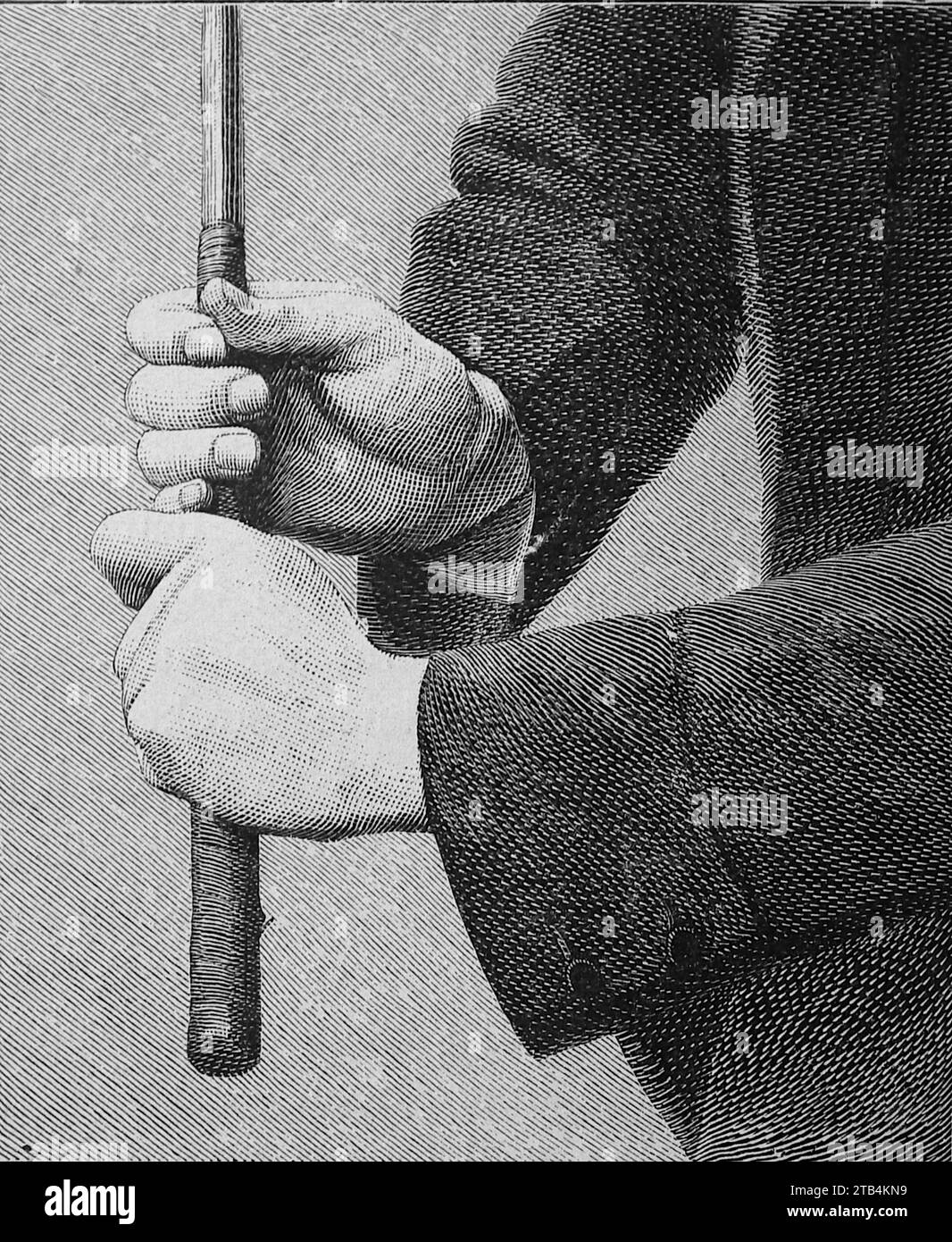 Position 2 : positionnement de la main sur le club pour le tir d'approche, à partir d'une illustration non attribuée. D'après une illustration sur le golf, datant de 1889 à 1901. L'histoire du golf est longue. Bien que ses origines soient contestées, les historiens s’accordent généralement à dire que ce qu’on appelle le golf « moderne » a commencé au Moyen âge en Écosse. Ce n'est qu'entre le milieu et la fin du XIXe siècle que ce sport est devenu plus populaire en Grande-Bretagne, dans l'Empire britannique, puis aux États-Unis. Au fil des ans, la balle de golf humble et le club de golf ont beaucoup changé. Banque D'Images Position 2 : positionnement de la main sur le club pour le tir d'approche, à partir d'une illustration non attribuée. D'après une illustration sur le golf, datant de 1889 à 1901. L'histoire du golf est longue. Bien que ses origines soient contestées, les historiens s’accordent généralement à dire que ce qu’on appelle le golf « moderne » a commencé au Moyen âge en Écosse. Ce n'est qu'entre le milieu et la fin du XIXe siècle que ce sport est devenu plus populaire en Grande-Bretagne, dans l'Empire britannique, puis aux États-Unis. Au fil des ans, la balle de golf humble et le club de golf ont beaucoup changé. Banque D'Images