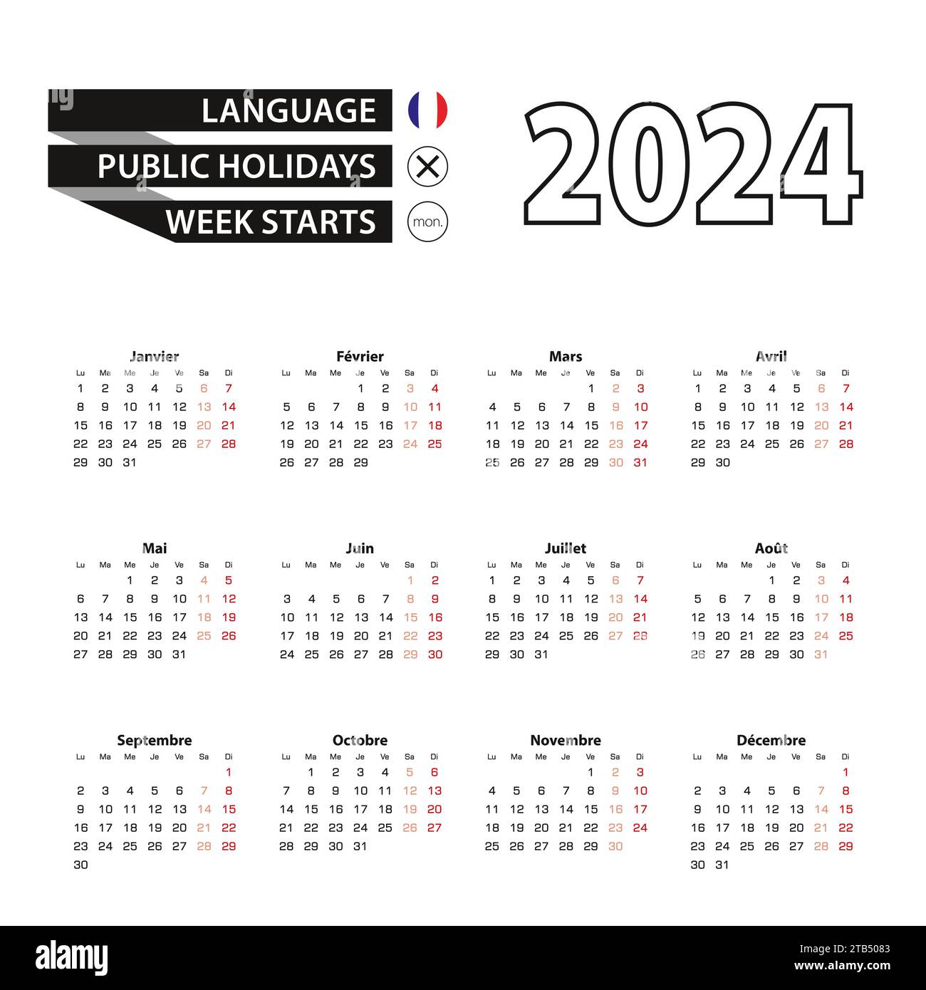 Calendrier 2024 en langue française, la semaine commence le lundi. Calendrier vectoriel 2024 année. Illustration de Vecteur