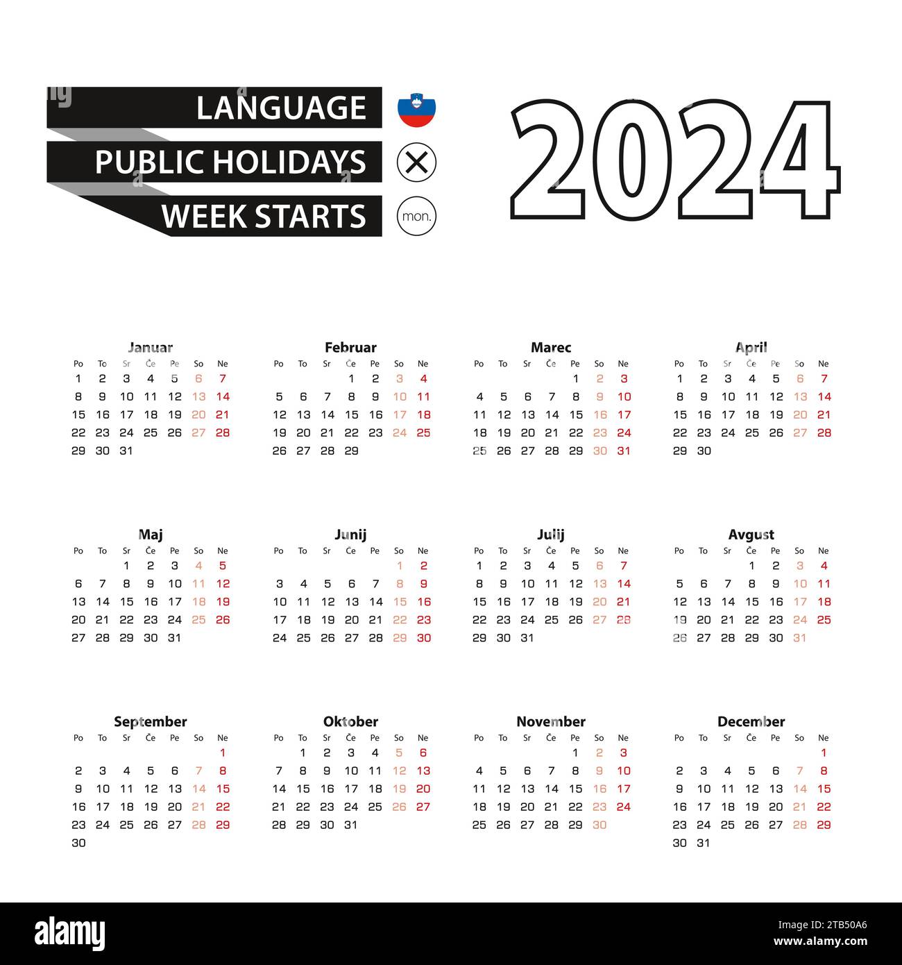 Calendrier 2024 en slovène, la semaine commence le lundi. Calendrier vectoriel 2024 année. Illustration de Vecteur