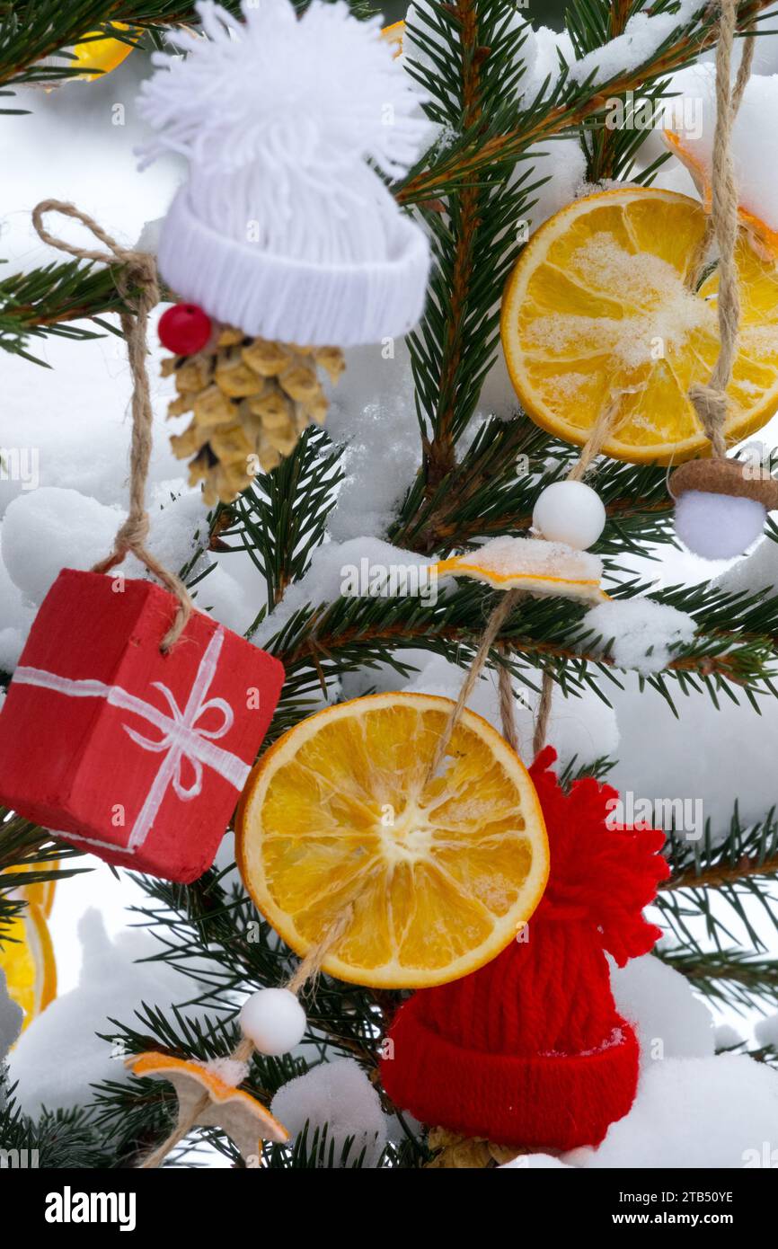 Neige couverte, ornements de Noël, pendaison, décoration de Noël, oranges, extérieur, arbre, hiver, branches Banque D'Images