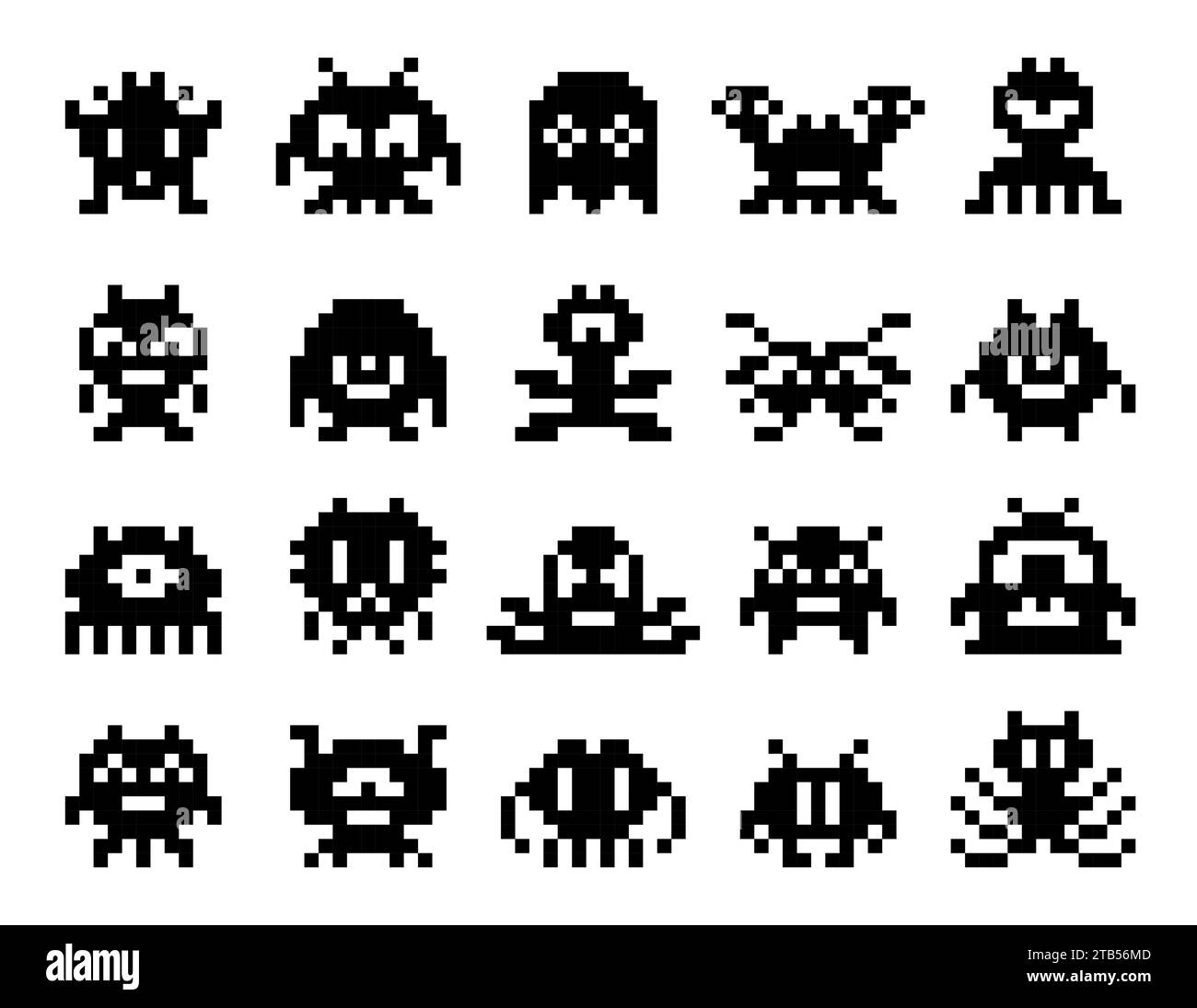 Jeu d'arcade pixels monstres personnages. actif de jeu d'art de pixel rétro 8 bits. Jeu PC alien, créature de pixel carré d'arcade 8 bits ou icône de vecteur de robot électronique de jeu rétro, vieux jeu vidéo monstres cubiques ensemble Illustration de Vecteur