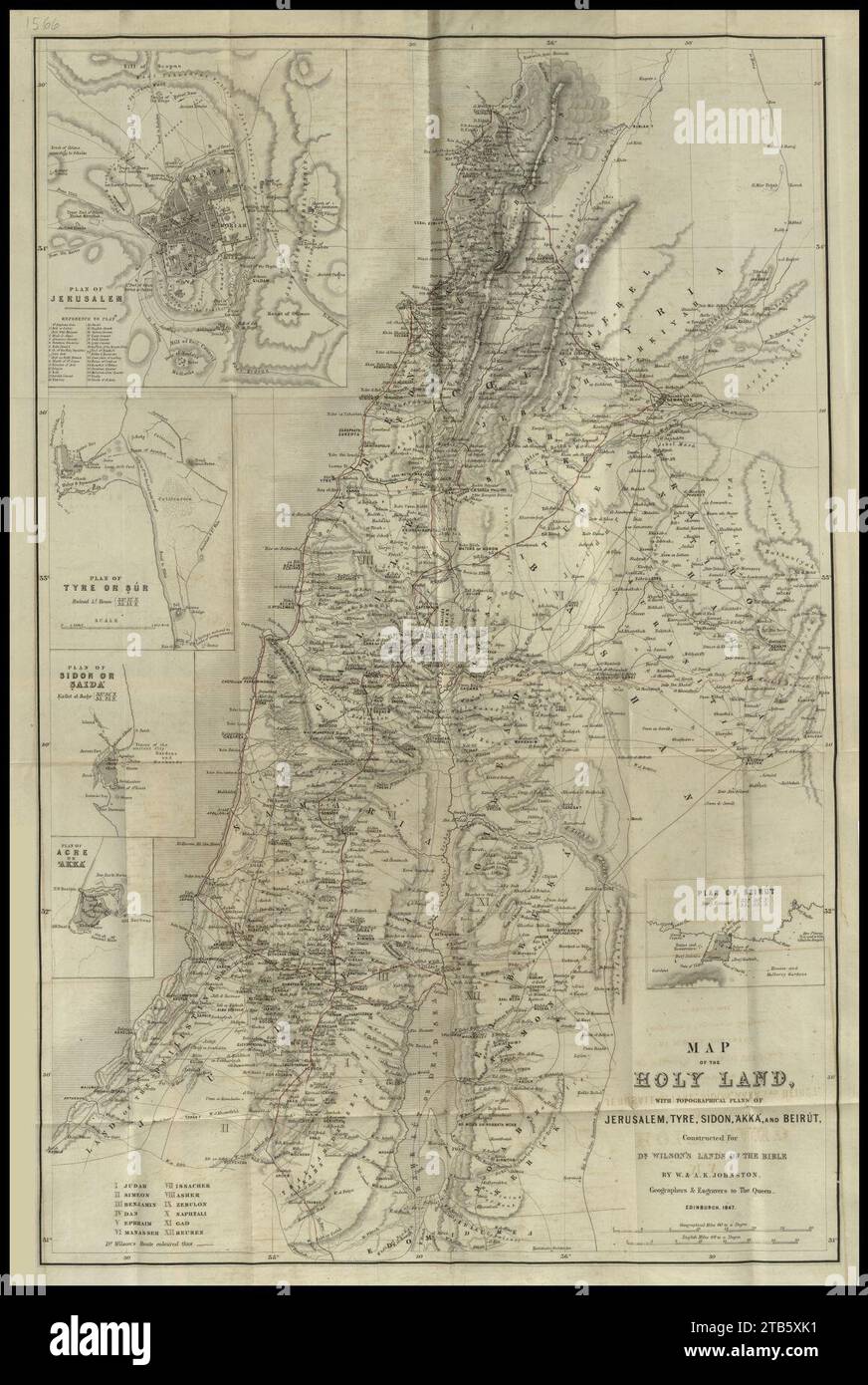 W. & A. K. Johnston, carte de la Terre Sainte avec plans topographiques de Jérusalem, Tyr, Sidon, Akka et Beyrouth (FL25571544 3825221). Banque D'Images