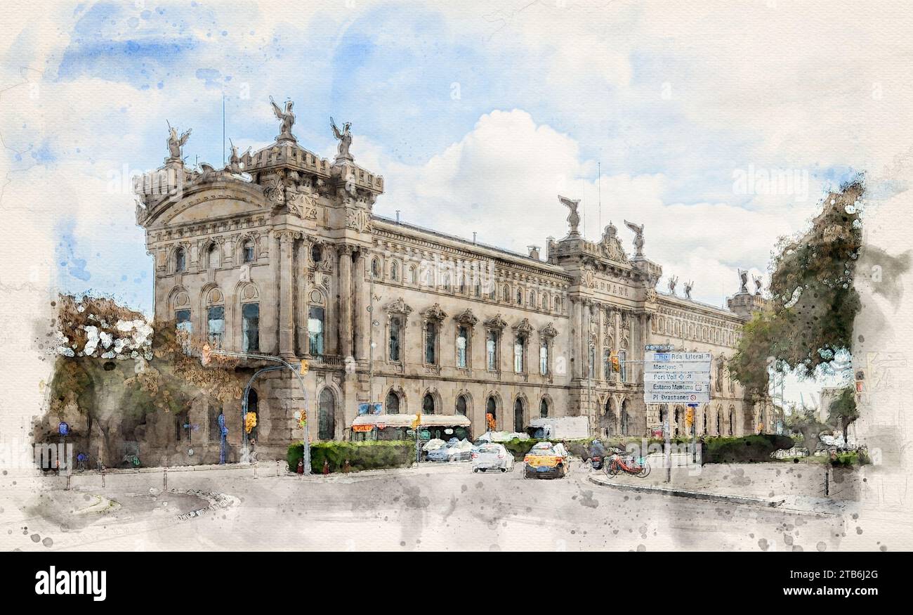 Agencia Estatal d'Administracio Tributaria Barcelona (Agence fiscale espagnole) à Barcelone, Espagne dans illustration de style aquarelle Banque D'Images
