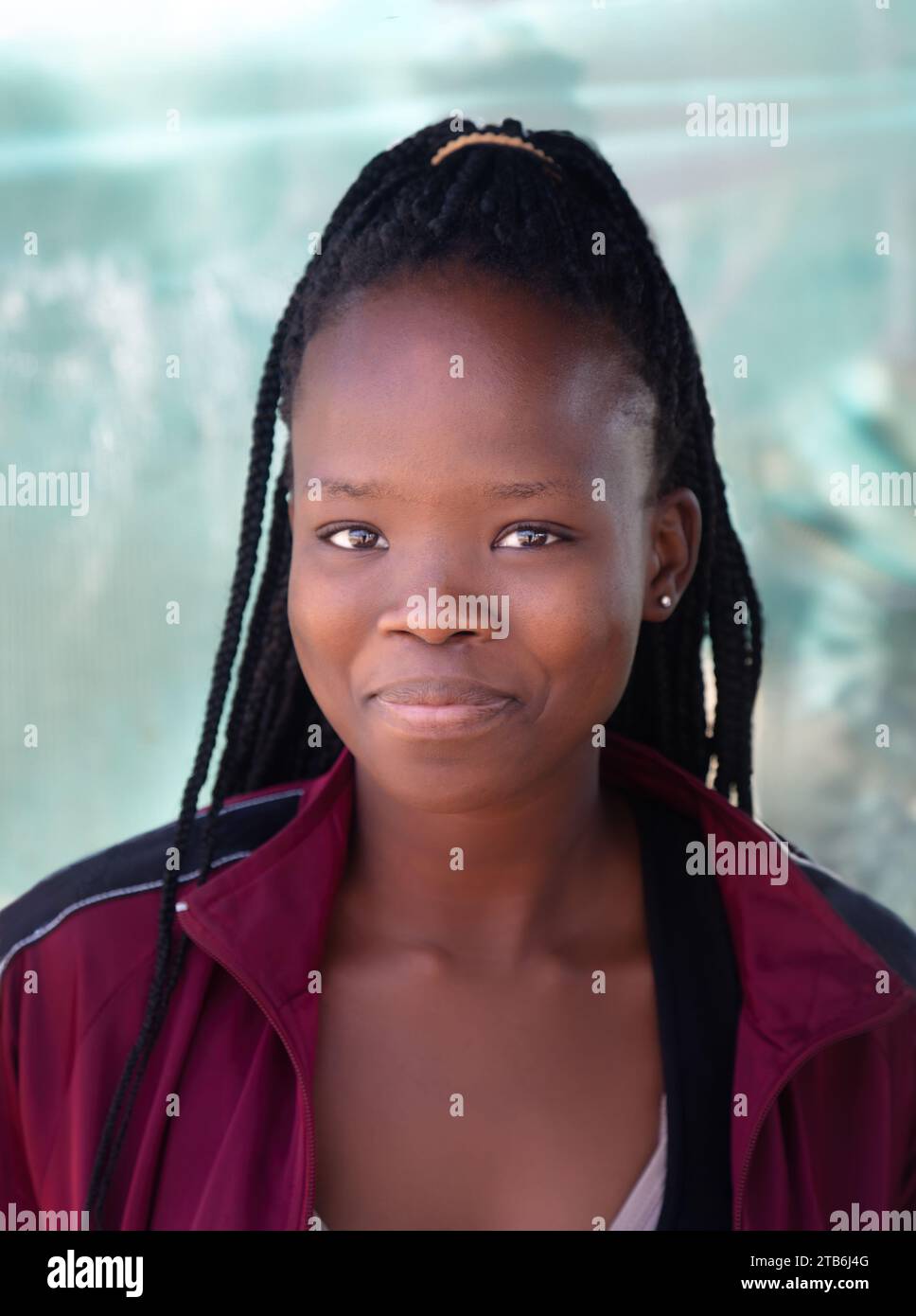village, jeune fille africaine souriante avec de longues tresses, fond vert extérieur Banque D'Images