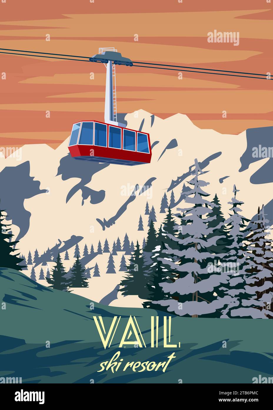 Vail ski Travel station affiche vintage. Carte de voyage paysage hivernal Colorado USA Illustration de Vecteur