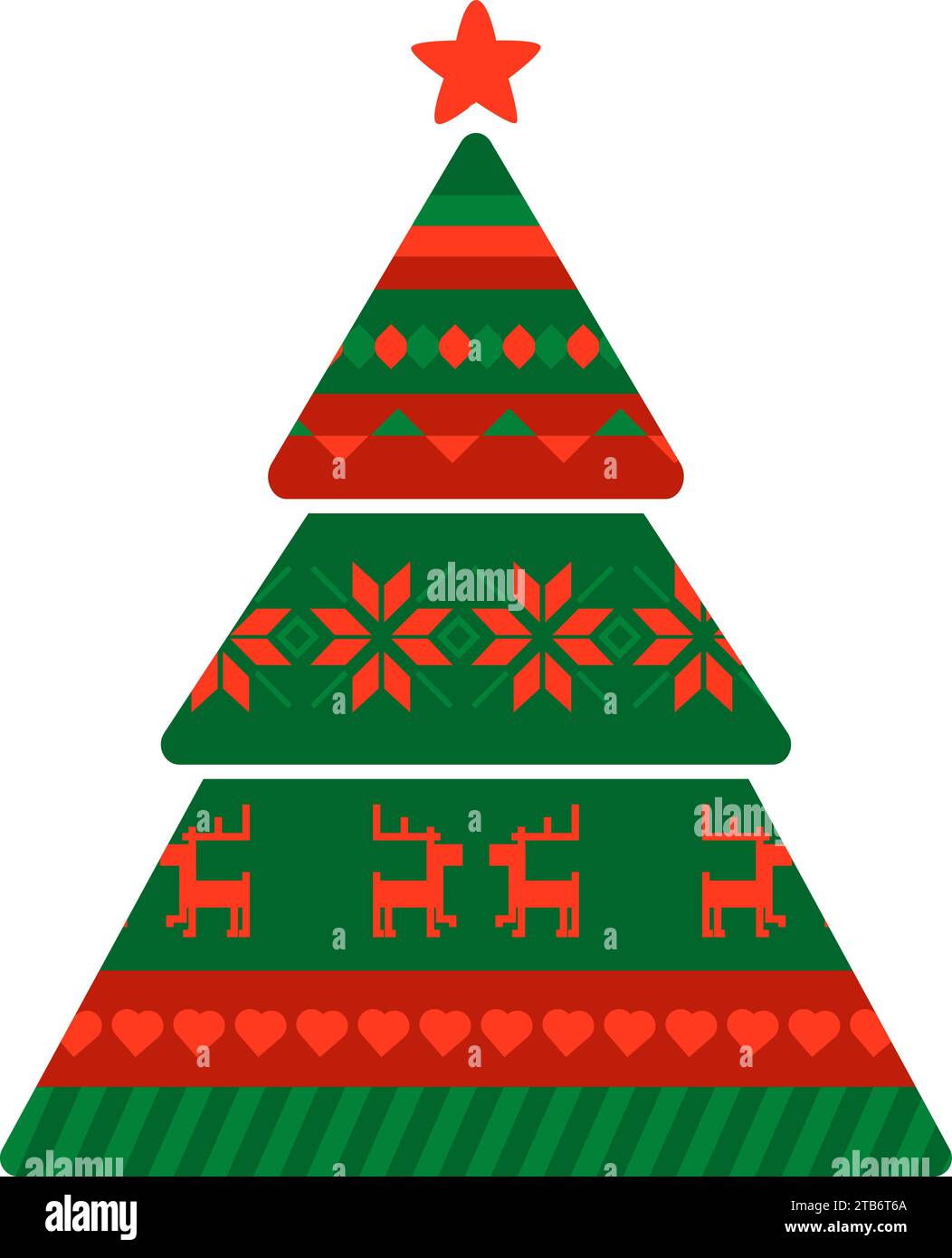 Sapin de conifères de Noël avec motif de fête nationale norvégienne dans les couleurs rouge et vert. Arbre de conifères dans un style tricoté orné fait à la main. Simple fl Illustration de Vecteur