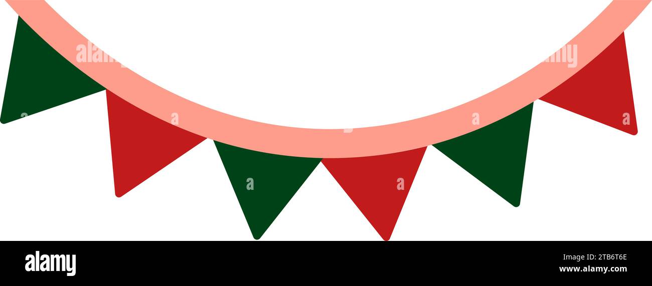 Guirlande Pop Art rouge vert sur ficelle avec drapeaux multicolores. Icône des fêtes avec guirlande à drapeau plat. Elément d'événement de Noël. Icône vectorielle plate simple isoler Illustration de Vecteur